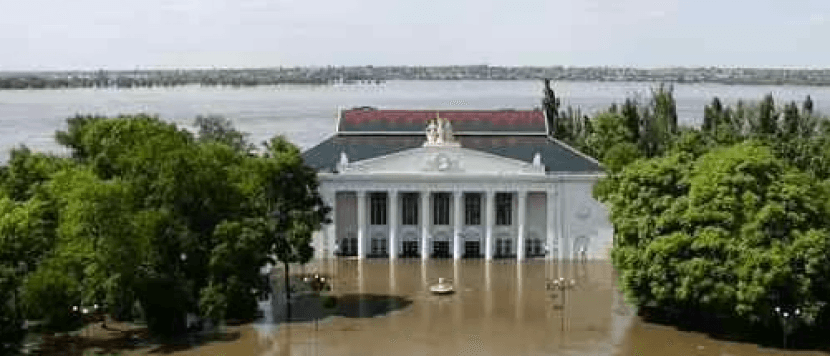 A Ukrainian administrative building surrounded by floodwaters after the Kakhovka dam breach during the Russia–Ukraine conflict in 2023.